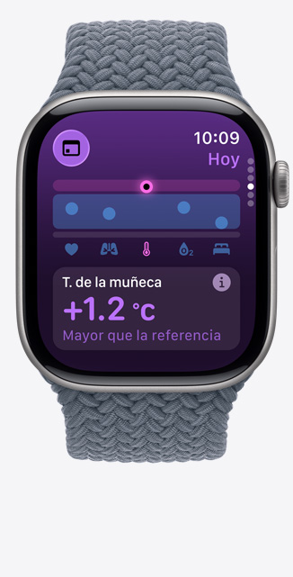 Apple Watch Series 11, caja de aluminio gris espacial, app Signos Vitales, gráfica con puntuaciones de salud, temperatura de la muñeca superior al valor basal, parte lateral derecha, Digital Crown, correa uniloop trenzada azul ancla