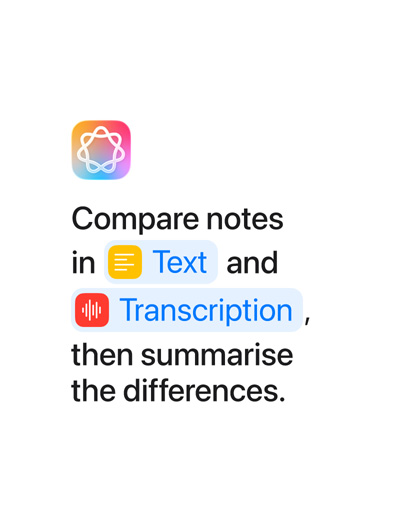 Compare notes in Text and Transcription then summarize the differences, with the words ‘Text’ and ‘Transcription’ highlighted in blue as they appear as they would in the Shortcuts app