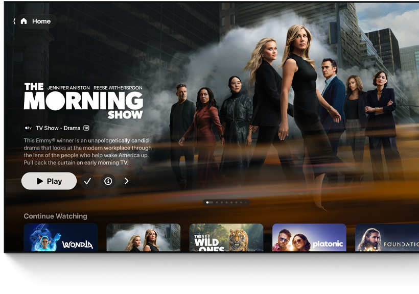 A flat-screen television showing the Apple&nbsp;TV app’s Home Screen UI