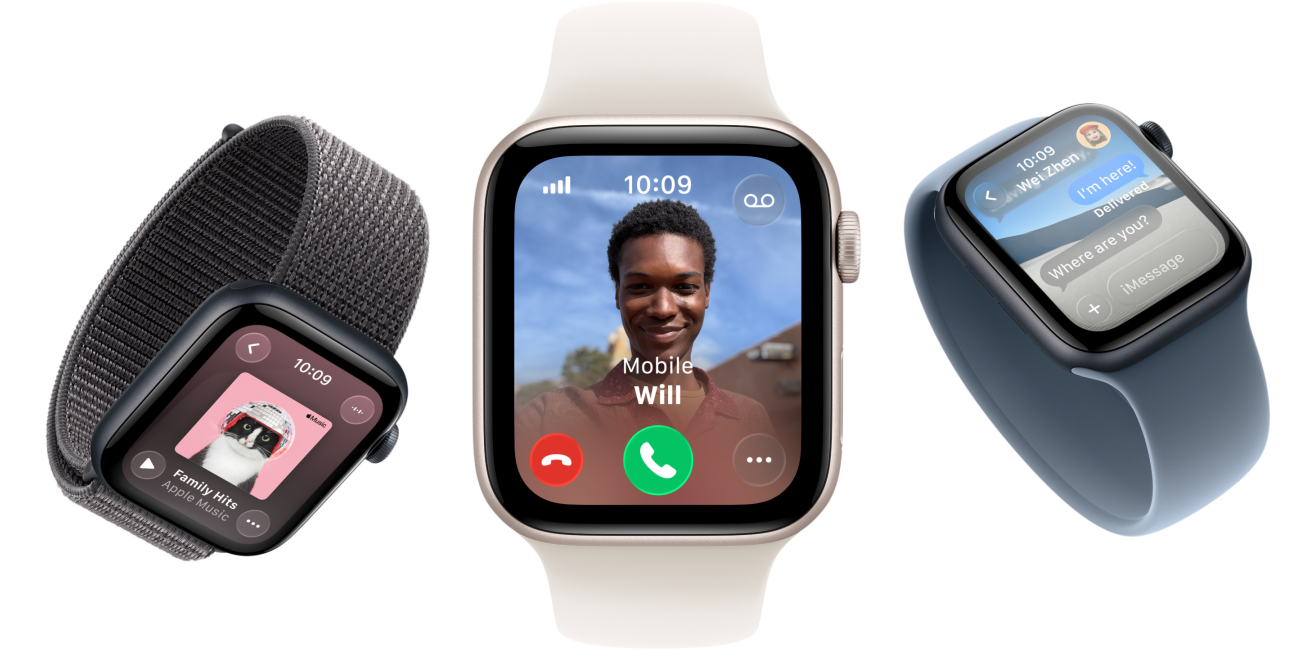 Apple Watch SE 3 devices, aluminium cases, starlight and midnight colours, Solo Loop, dark grey colour, Solo Loop, light blush colour, Solo Loop, anchor blue colour, screens: Apple Music, incoming call, Messages