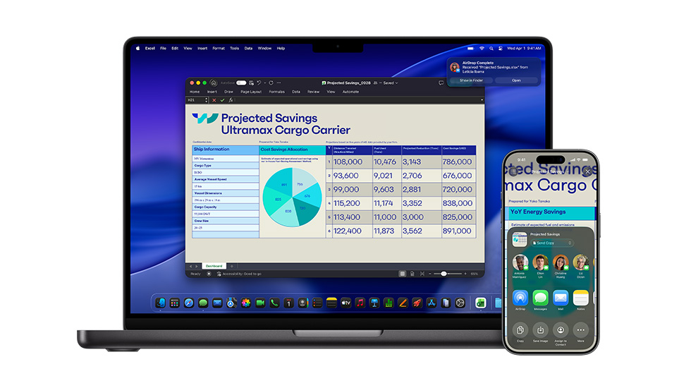 A Mac and iPhone displaying an Excel document. On Mac, the macOS Tahoe screensaver is in the background.