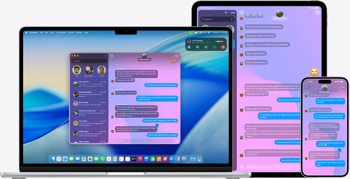 Apple products: 15-inch MacBook Air, 13-inch iPad Pro and iPhone 16 Plus, the same iMessage conversation displayed on each screen