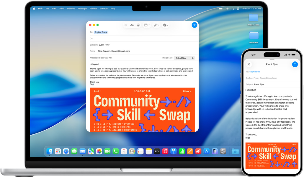 iPhone 16 Plus, 13-inch MacBook Air, Mail app open, the same email draft displayed on both screens