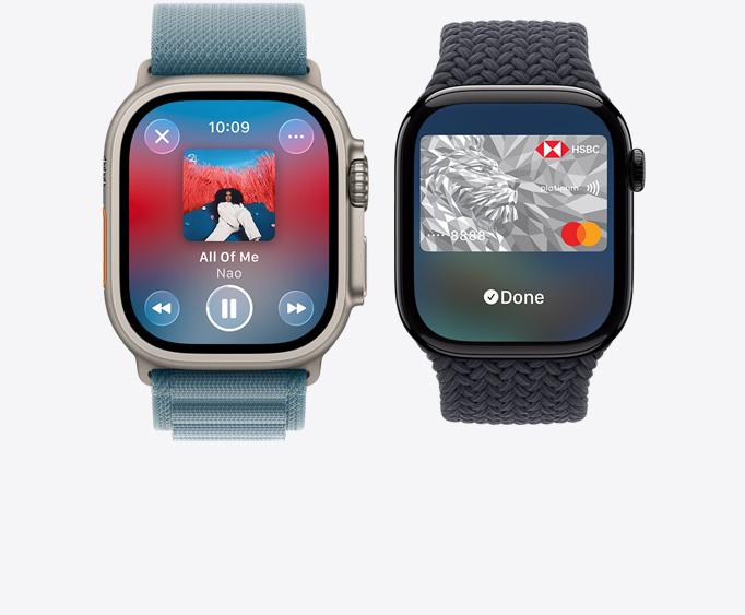 Apple Watch Ultra 3, titanium case, natural colour, Apple Music app, now playing screen, Apple Watch Series 11,  aluminium case, polished jet black colour, Apple Pay screen, HSBC Card