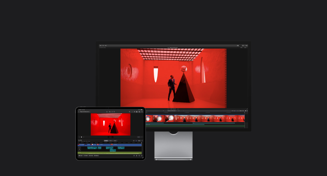 Mac Studio Display, iPad Pro 13, Final Cut Pro timeline, still of a man in a blue suit placing a silver ball on top of a black triangular structure in a red room with abstract-shaped windows