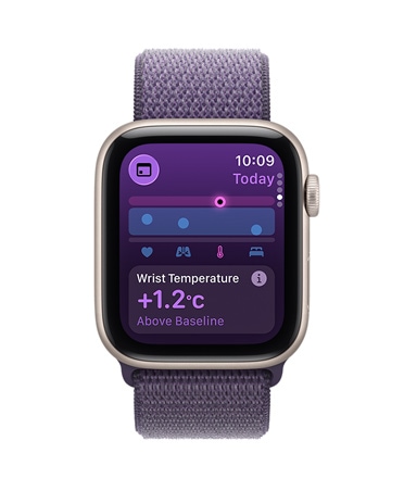 Apple Watch SE 3, carcasă din aluminiu, culoare Strălucire stelară, valori ale temperaturii la încheietură, partea exterioară dreaptă, Digital Crown, brățară Sport, culoare Ceață mov
