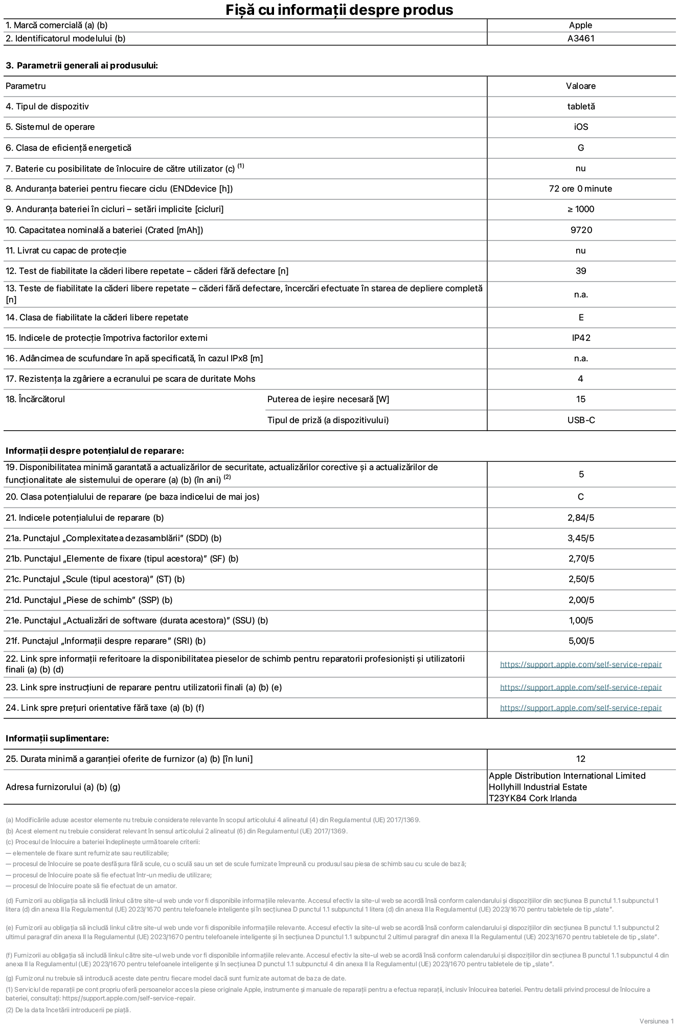 Fișă cu informații despre produs pentru iPad Air Wi-Fi de 13 inchi, model A3461. Furnizată de Apple Distribution International Limited, Hollyhill Industrial Estate. Cork, Irlanda, T23 YK84. Tipul de dispozitiv: tabletă. Sistemul de operare: iOS. Clasa de eficiență energetică: G. Baterie cu posibilitate de înlocuire de către utilizator: nu. Anduranța bateriei pentru fiecare ciclu: 72 de ore. Anduranța bateriei în cicluri – setări implicite: mai mare sau egală cu 1000. Capacitatea nominală a bateriei: 9720 miliamperi-oră. Livrat cu capac de protecție: nu. Test de fiabilitate la căderi libere repetate – căderi fără defectare: mai mare sau egal cu 39. Test de fiabilitate la căderi libere repetate – căderi fără defectare, încercări efectuate în starea de depliere completă: nu se aplică. Clasa de fiabilitate la căderi libere repetate: E. Indicele de protecție împotriva factorilor externi: IP42. Adâncimea de scufundare în apă specificată, în cazul IPx8: nu se aplică. Rezistența la zgâriere a ecranului pe scara de duritate Mohs: 4. Puterea de ieșire necesară pentru încărcător: 15 wați. Tipul de priză pentru încărcător (a dispozitivului): USB-C. Disponibilitatea minimă garantată a actualizărilor de securitate, a actualizărilor corective și a actualizărilor de funcționalitate ale sistemului de operare: 5 ani. Clasa potențialului de reparare: C. Indicele potențialului de reparare: 2,84/5. Punctajul „Complexitatea dezasamblării (SDD)”: 3,45/5. Punctajul „Elemente de fixare”: 2,70/5. Punctajul „Scule”: 2,50/5. Punctajul „Piese de schimb”: 2,00/5. Punctajul „Actualizări de software”: 1,00/5. Punctajul „Informații despre reparare”: 5,00/5. Link spre informații referitoare la disponibilitatea pieselor de schimb pentru reparatorii profesioniști și utilizatorii finali: https://support.apple.com/self-service-repair. Link spre instrucțiuni de reparare pentru utilizatorii finali: https://support.apple.com/self-service-repair. Link spre prețuri orientative fără taxe: https://support.apple.com/self-service-repair. Garanție generală oferită: 12 luni.