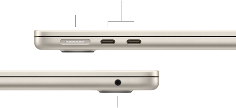 MacBook Air, closed, left side, showing MagSafe and two Thunderbolt ports, right side, showing headphone jack