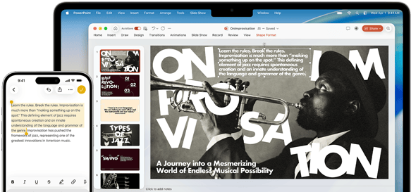 iPhone 16 Plus so zvýrazneným textom v apke Poznámky, MacBook Air s otvorenou prezentáciou v Keynote, na snímke je text z apky Poznámky