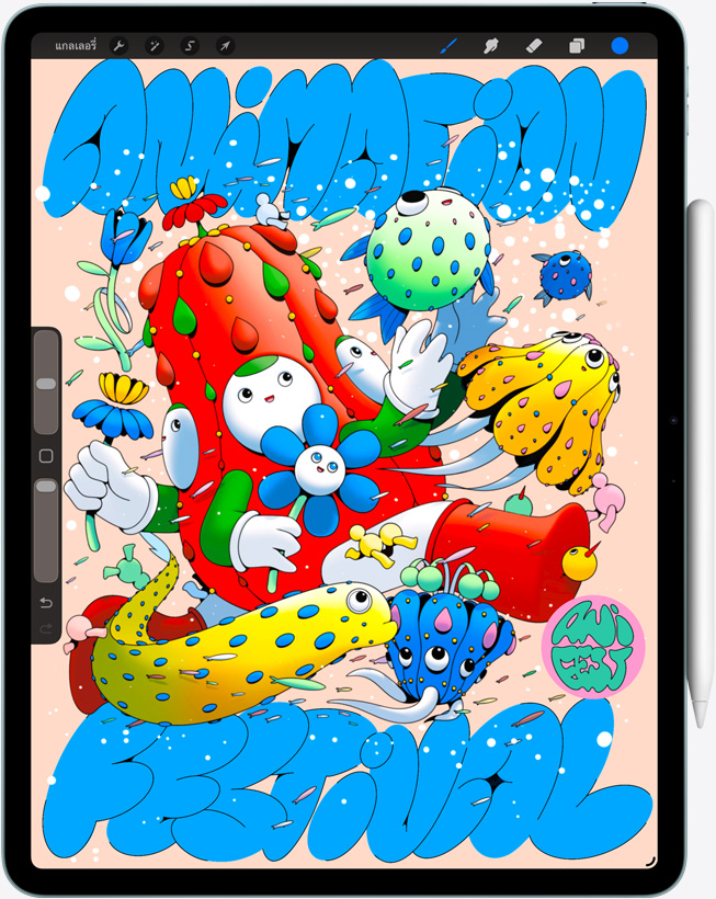 iPad Air, front exterior, displaying Procreate app, colorful digital artwork featuring various characters and objects, Apple Pencil Pro