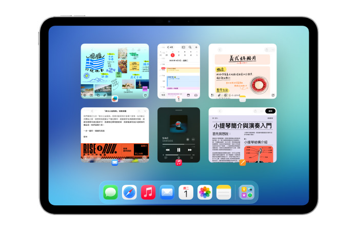 橫向放置的 iPad，螢幕中顯示行事曆和音樂等多款 app，以六個視窗整齊排成兩行