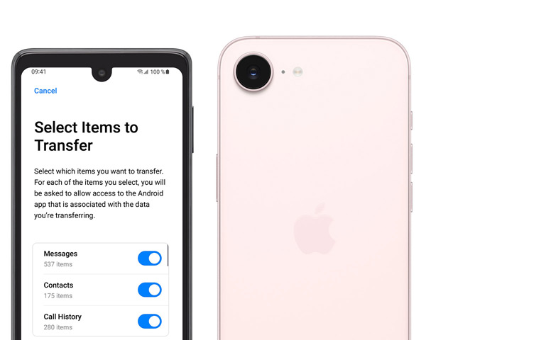 Side-by-side, Android screen showing Move to iOS App, iPhone 17e, back exterior, soft pink colour, Fusion camera