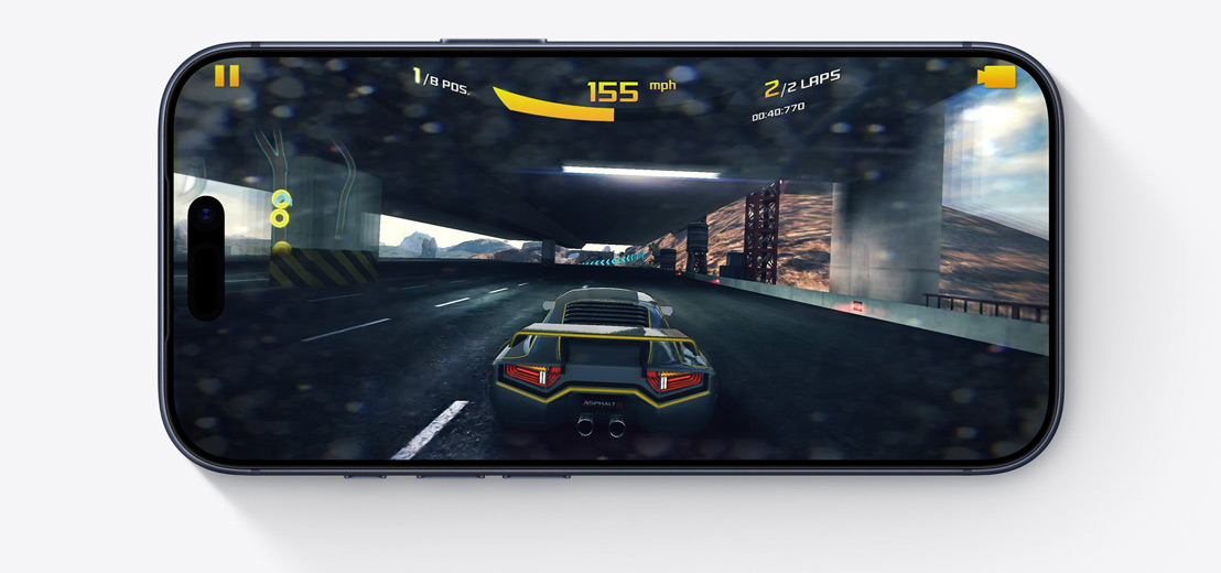 iPhone front exterior, horizontal, screen showing video game being played