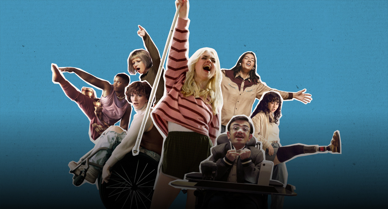 A diverse group of college students, including a wheelchair user, cheering, dancing, and striking energetic poses against a blue background.