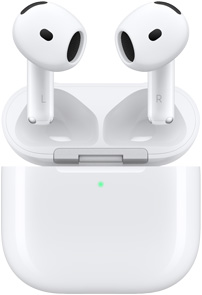 Otvorené nabíjacie puzdro k slúchadlám AirPods 4, nad ktorým sa vznášajú AirPods.
