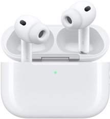 AirPods Pro 3 та зарядний футляр MagSafe (USB‑C), заокруглений корпус, світлодіодний індикатор живлення, кришка футляра відчинена, білий колір, бездротові навушники із силіконовими вкладками, літери L та R на передній частині ніжок