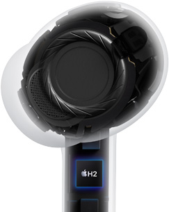 Primer plano de la arquitectura de unos AirPods Pro 3 apuntando a las almohadillas de silicona que cancelan el ruido.