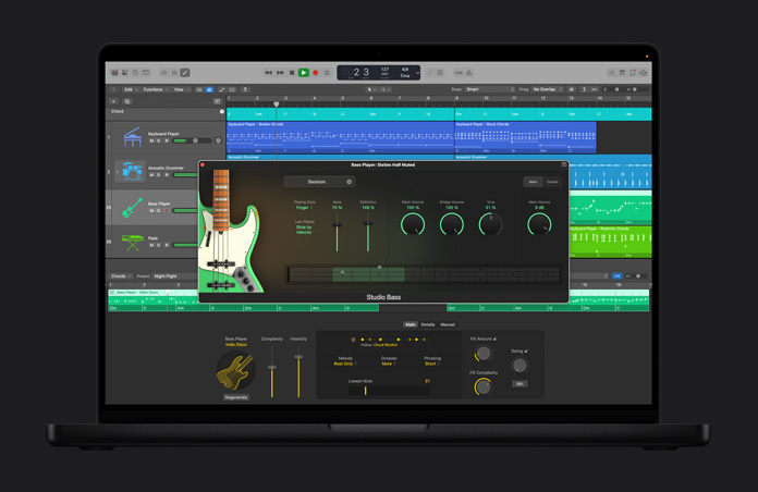 MacBook Pro 16 screen, Logic Pro interface with AI Session Players and an open window called Bass Player: Sixties Half Muted featuring different volume levels