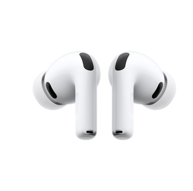 Back view of a pair of White Airpods Pro 3 facing in opposite directions on a white background.