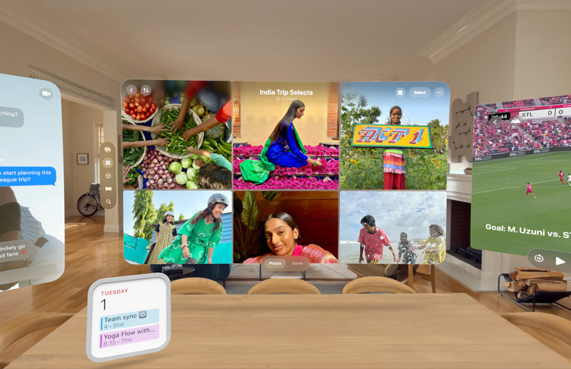 Multiple apps and widgets floating in living room space including Photos app, Messages app, Calendar widget, and Apple TV app