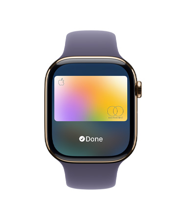 Apple Watch Series 11, gold color, titanium case, Apple Pay, right side exterior, Digital Crown, purple fog Sport Band