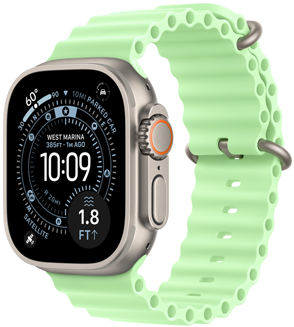 Apple Watch Ultra 3, natural colour, titanium case, Orienteering watch face, complications: UV Index, Activity, Satellite, Compass, right side exterior, Digital Crown, microphone, side button, Ocean Band, neon green colour