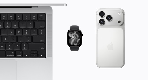 An open MacBook in Silver color, an Apple Watch Series 11 in Jet Black color, and an iPhone 17 Pro in Silver color