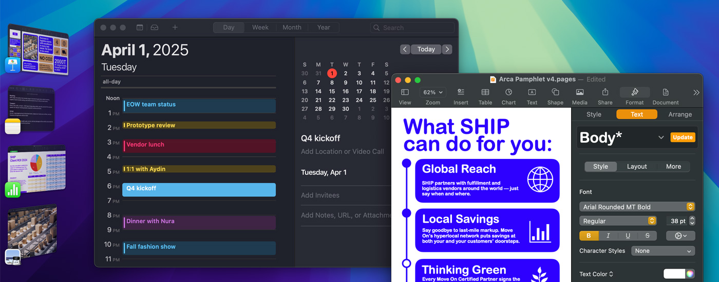 螢幕上打開了多款 app 包括行事曆和 Pages。左邊是其他眾多 iOS app。