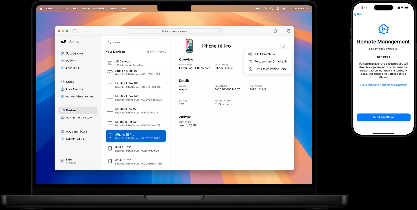 MacBook 和 iPhone；MacBook 螢幕顯示 Safari 和 Touch ID 視窗，提示用户使用指紋登入；iPhone 螢幕顯示 Face ID 設定畫面，提示用户慢慢轉動頭部，以完成 Face ID 掃描