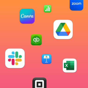 在色彩鮮艷的背景前展示不同生產力 app 的圖示，包括 Slack、Canva、Google Workspace、Zoom、Quickbooks、Keynote、Excel、Square 及 Numbers。
