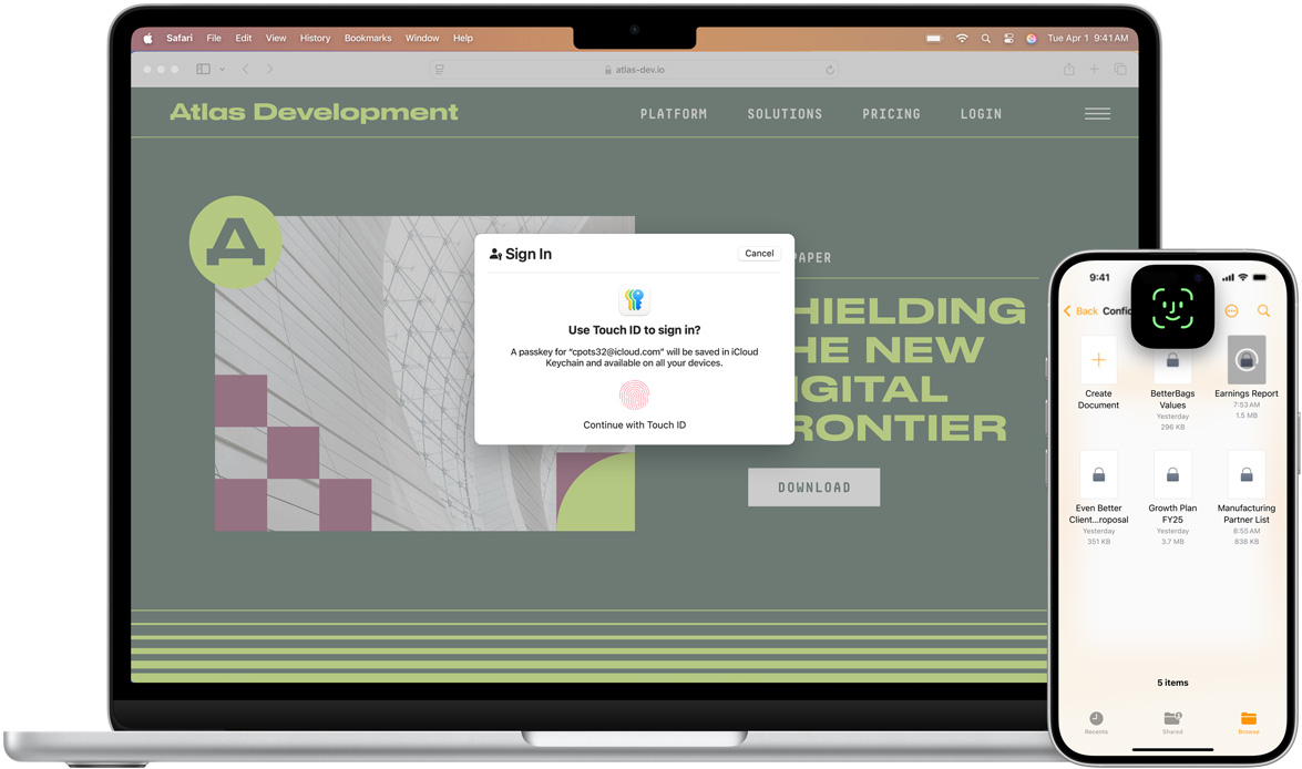 MacBook 的正面圖，展示 Touch ID 視窗。MacBook 的前方有一部 iPhone，展示 Face ID 螢幕。