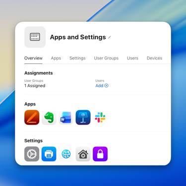 Apple Business Essentials window featuring various tabs including an overview tab, apps tab, settings tab, and user groups tab on macOS Tahoe.
