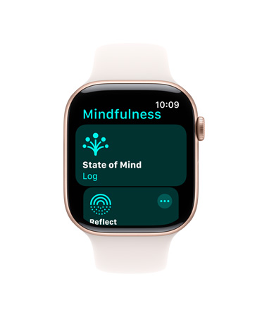Apple Watch Series 11, aluminium case, rose gold colour, Mindfulness app open, right side: Digital Crown, light blush Sport Band