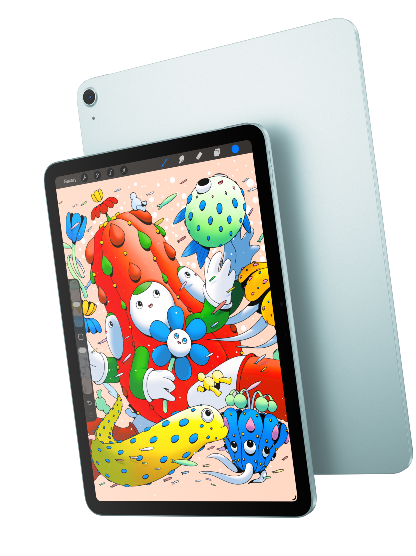 Front exterior, iPad Air showcasing the 11 inch model displaying Procreate and overlapping the back exterior of a blue iPad Air
