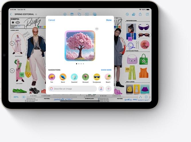 iPad mini attēlo Apple Intelligence jauno Image Playground rīku Freeform aplikācijā.