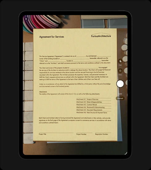 iPad Pro, front exterior, portrait orientation, space black color, display showing a scanned document titled "Agreement for Services" with text and signature lines clearly visible