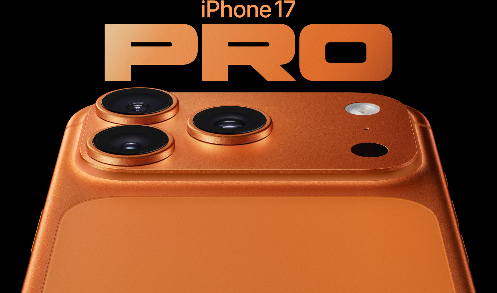iPhone 17 Pro, kosmiski oranža apdare, daļējs sānskats, pro kameru sistēma augšējā kreisajā stūrī, 3 objektīvi, mikrofons, zibspuldze