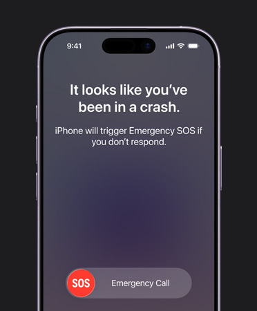 iPhone 17, front exterior, rounded corners, Crash Detection feature in use