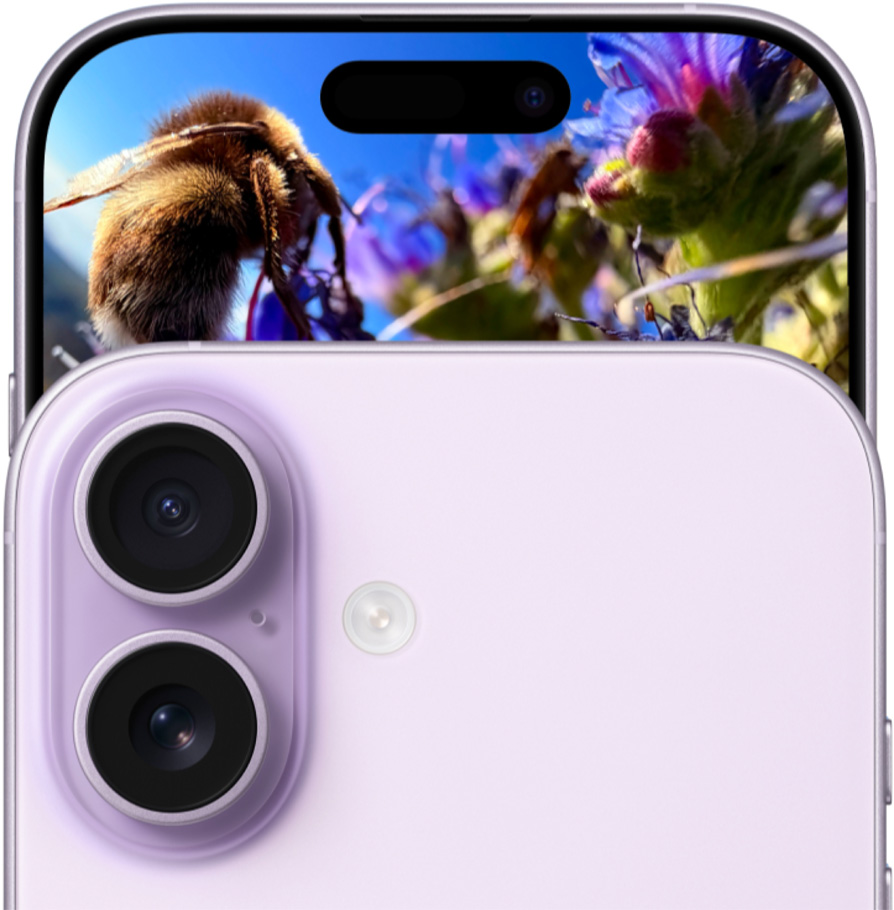 iPhone 17, voorkant met Dual Fusion-camerasysteem, achterkant, kleur lavendel.