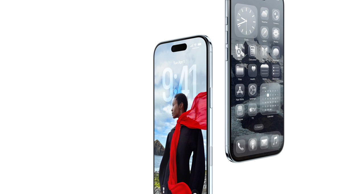 Dva iPhony Air sa otáčajú, spredu, zboku, tenký profil, dynamická zamknutá obrazovka, plocha s apkami Liquid Glass