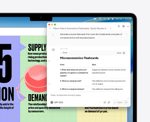 Pantalla de un MacBook Air que muestra las Herramientas de Escritura de Apple Intelligence creando tarjetas didácticas sobre micro y macroeconomía