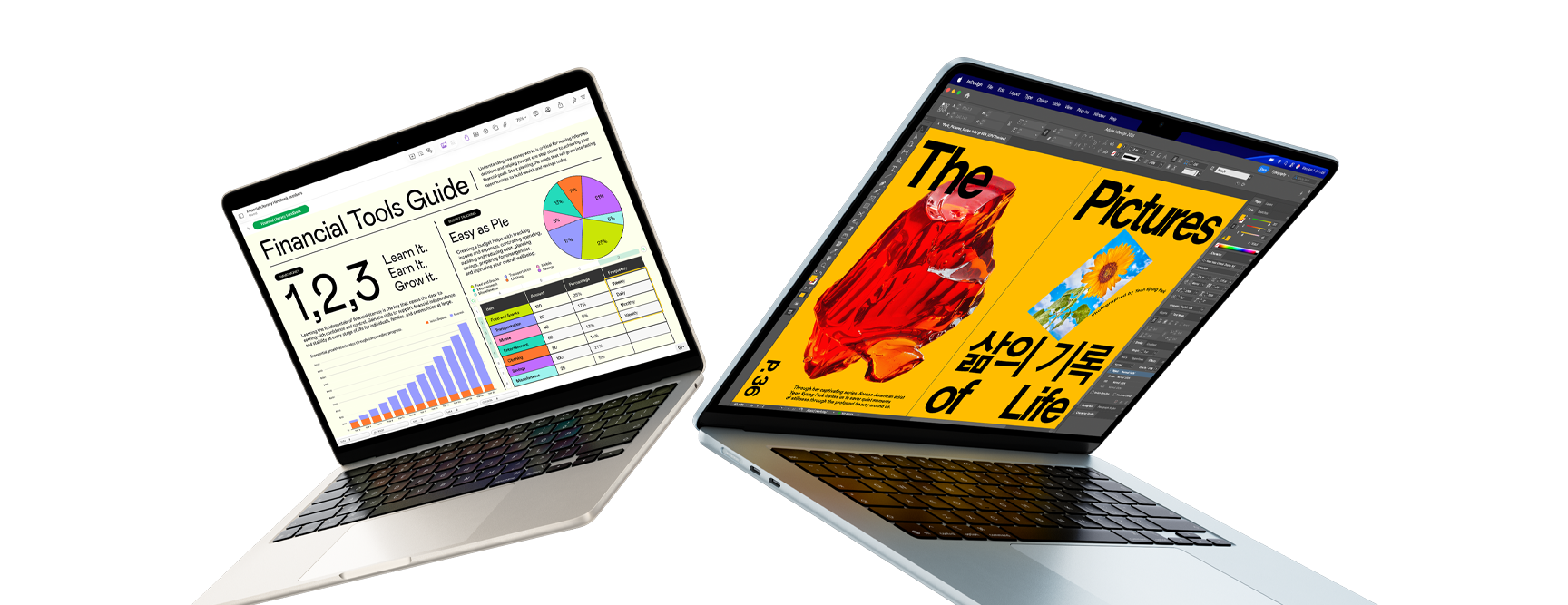 Un portátil MacBook Air de 13 pulgadas y otro de 15 pulgadas, una pantalla muestra un proyecto de Numbers y la otra un proyecto de diseño