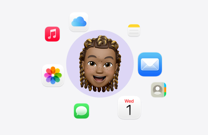 Emoji of smiling face surrounded by various app icons: Music, iCloud Drive, Notes, Mail, Contacts, Calendar, Messages and Photos