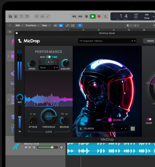 Screen content on MacBook Pro demonstrating MicDrop plug‑in using AI features to edit a vocal recording on Logic Pro