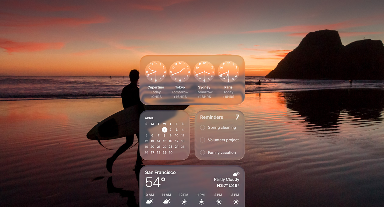 Liquid Glass Clock, Calendar, Reminders and Weather widgets on macOS Tahoe screen over a scene of a surfer walking on the beach at sunset