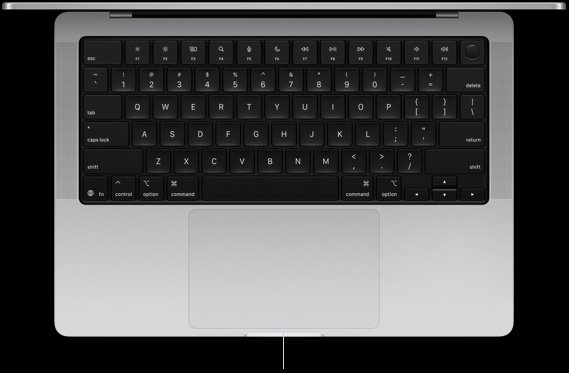Top-down view of open MacBook Pro 14-inch showing Force Touch trackpad located below keyboard