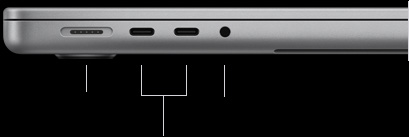 MacBook Pro 14-inch with M5, closed, left side, showing MagSafe 3 port, two Thunderbolt 4 ports, and headphone jack
