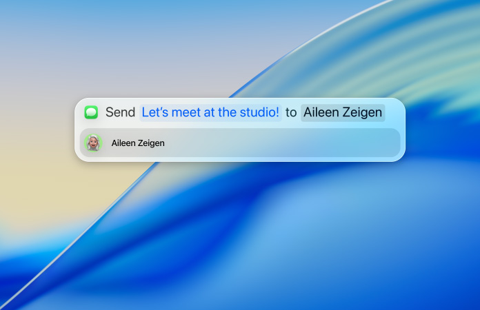 A felhasználó szöveges üzenetet gépel a Spotlightban, amelyet az Üzenetek appon keresztül készül elküldeni
