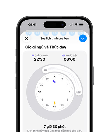 iPhone, Health app open to sleep schedule, bedtime set to 22:30, wake up set to 6:00, radial time dial in center screen, 7 hr 30 min sleep goal met