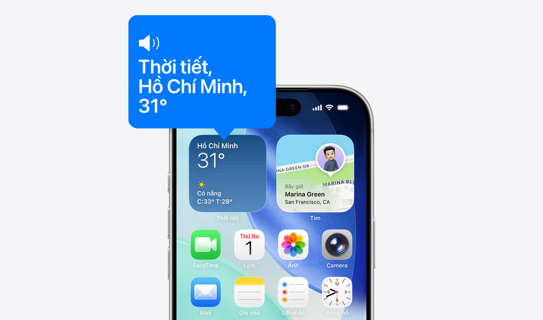 Màn hình chính của iPhone, biểu tượng tiện ích thời tiết đang được đọc to bằng tính năng VoiceOver